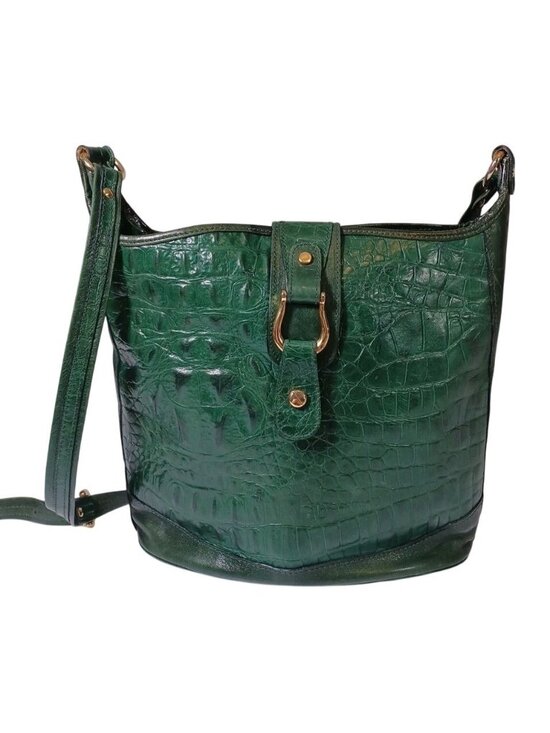 Saks Fifth Avenue Handbags - Saks Fifth Avenue Green Leather Croc Crossbody Bag Handbag Vintage Made In Italy